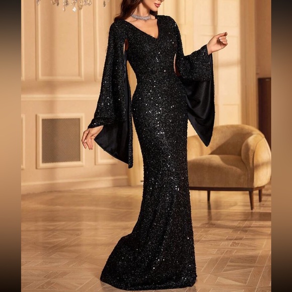 Luxe V neck champagne bell formal evening party prom wedding gown dress - Picture 8 of 15